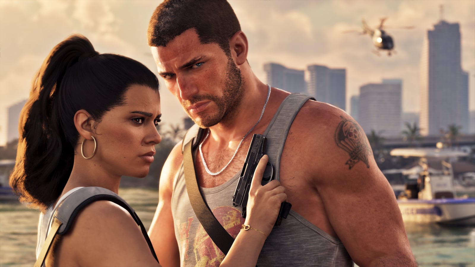 Lucia Caminos and Jason Duval on a Vice City dock